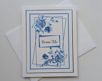 Bonne Fête Card – French Birthday Card with Blue Floral Design