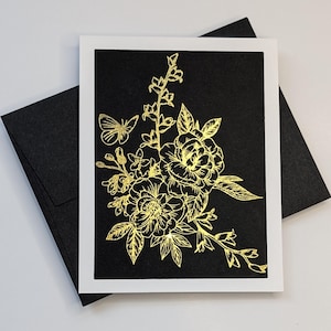 Carte florale élégante vierge - Carte de voeux faite main en feuille d'or - Anniversaire, mariage, anniversaire, remerciement, sympathie - Personnalisation offerte
