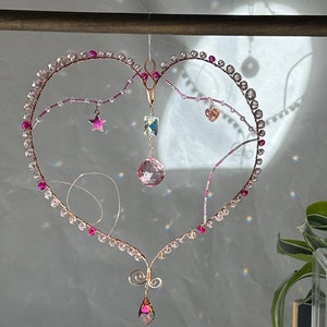 Heart suncatcher- Sparkly - Pink -Magenta Glass  Copper Wire wrapped - Decor, Ornament