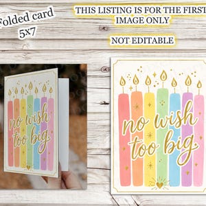 INSTANT DOWNLOAD Afdrukbare 5 x 7 opvouwbare verjaardagskaart No Wish Too Big Verjaardagstaart met kaarsen Gelukkige verjaardag Handgemaakt elke leeftijd DIY