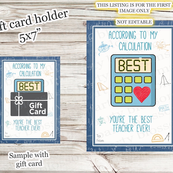 INSTANT DOWNLOAD Printable 5x7 According Calculation Best Teacher Ever Math Teacher Appreciation Gift Card Holder, Amazon Visa Year End Gift