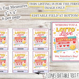 Może przedstawiać: Etykiety prezentowe Lotto Love na Walentynki. Każda etykieta ma wymiary 7,6 cm x 10,2 cm. Projekt zawiera losy na loterię, serca i złote monety. Tekst brzmi "Wishing You a Lotto Love" i "We Win!" z miejscem na personalizację.