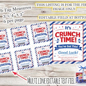 Könnte beinhalten: Blatt mit bedruckbaren Etiketten mit dem Text "It's CRUNCH TIME! You've Got This! Good Luck!" in Rot und Blau. Jedes Etikett misst 8.26 cm x 7.62 cm. Der Text "This listing is for the first image only".