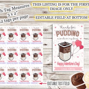 May include: Printable Valentine's Day tags featuring a cartoon pudding cup with a smiling face and the text "Thanks for Pudding a smile on my face!"  The tags are 3 inches by 2 inches and come with 12 tags per page.  The text "Happy Valentine's Day! Love, Olivia" is also included on the tag.  The text fields are editable.
