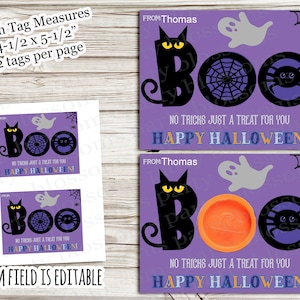 Könnte beinhalten: Lila Halloween-Geschenkanhänger mit schwarzer Katze, Spinnennetz, Spinne und Geisterdesign. Die Anhänger lesen "BOO" und "Happy Halloween!" mit dem Text "Keine Tricks, nur ein Leckerli für dich."