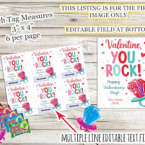 May include: Valentine's Day printable tags and card with a ring pop graphic. The tags measure 3" x 4" and have the text "Valentine, YOU ROCK!" with space for personalization. The card also features the same design.