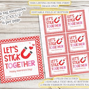 INSTANT DOWNLOAD Kids Valentine, Let's Stick Together Magnet Toy Friend, Treat Tag, Printable Non-Candy Valentine Tag