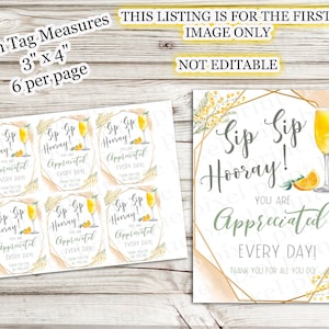 May include: Six printable gift tags with a light green background and gold trim. Each tag features a mimosa illustration and the text "Sip Sip Hooray! You are Appreciated Every Day! Thank you for all you do!" The tags measure 3 inches by 4 inches.