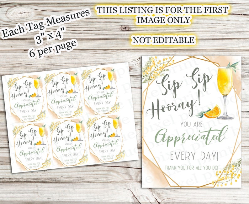 May include: Six printable gift tags with a light green background and gold trim. Each tag features a mimosa illustration and the text "Sip Sip Hooray! You are Appreciated Every Day! Thank you for all you do!" The tags measure 3 inches by 4 inches.