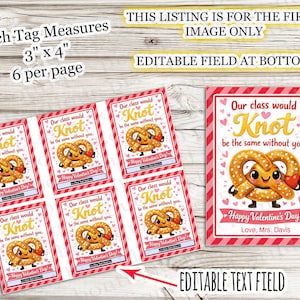 May include: Valentine's Day gift tags with a pretzel character holding a heart. The tags measure 3" x 4" and feature the text "Our class would Knot be the same without you." and "Happy Valentine's Day!"