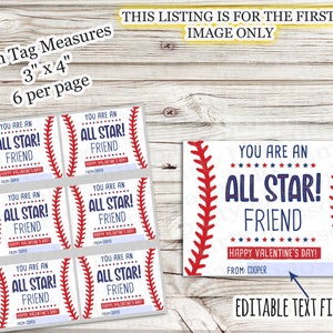 May include: Baseball-themed Valentine's Day tags with the text "You Are An All Star Friend." Each tag measures 3" x 4" and has a red and blue design. The tags are editable and include the text "Happy Valentine's Day!" and "From: Cooper."