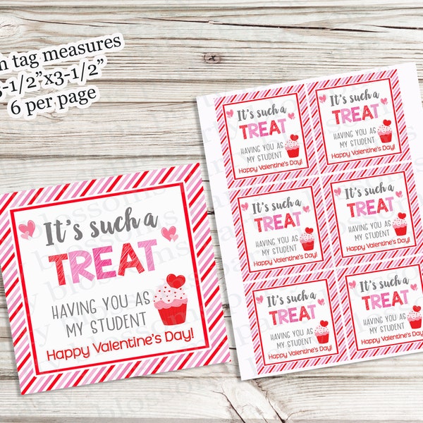 INSTANT DOWNLOAD It Is Such A Treat Having You As My Student Class Valentine Teacher Student Treat Tag, Printable Non-Candy Valentine Tag