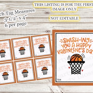 May include: Valentine's Day basketball-themed gift tags. Each tag measures 3.5 x 4 inches. The design features a basketball going into a hoop with the text "Swish-ing You a Happy Valentine's Day" in orange and black.