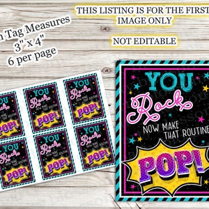 以下が含まれることがあります： カラフルなコミックスタイルで「You Rock Now Make That Routine Pop!」というテキストが書かれた、印刷可能な3x4インチのタグ6枚。タグは教室での使用を目的としています。