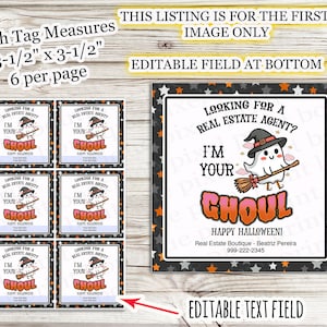 May include: Halloween-themed real estate agent tags. Each tag measures 8.89 x 8.89 cm, with six tags per page. The design features a cartoon ghost with a witch hat and the text "I'm Your Ghoul".