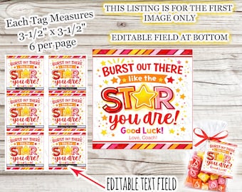 May include: Printable tags and a gift bag with sweets. The tags say "Burst Out There like the STAR you are! Good Luck!" and measure 8.89 x 8.89 cm. The gift bag has a matching tag with the same text.