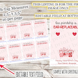 Może przedstawiać: Drukowane etykiety na prezenty walentynkowe z tekstem "Nasza przyjaźń jest zastępowalna uszami" i "galentines gang". Etykiety są różowe z czerwonymi sercami i tekstem. Etykiety mają wymiary 6,35 cm x 8,89 cm i jest 10 etykiet na stronę.