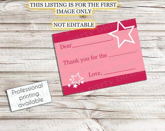 Instant Download - Printable Birthday Girl Birthday Thank You Card Pink Red Stars Girl Doll Party Coquette 4x5.5 2 cards per page
