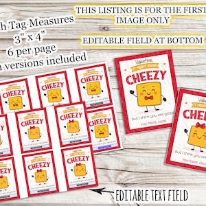 May include: Valentine's Day cards with a red border and a smiling yellow square character that says "Cheezy". Each tag measures 3" x 4" and includes editable text fields. The listing includes two versions.