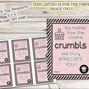 Puede incluir: Seis etiquetas de regalo rosas y negras con el texto "No importa cómo se desmorone la galleta, ¡Realmente te apreciamos!" y una pequeña ilustración en blanco y negro de una panadería. Cada etiqueta mide 7,6 cm por 10,2 cm.