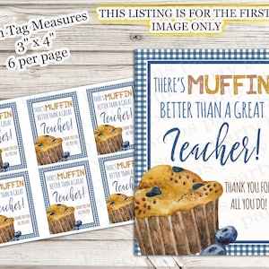 May include: Six printable gift tags featuring a watercolour illustration of a blueberry muffin with the text "There's muffin better than a great teacher!"  The tags are 7.6 cm by 10.2 cm and are designed to be printed 6 per page.