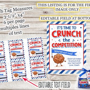 May include: Printable tags with the text "It's Time to Crunch the Competition" in red and blue. Each tag measures 8.89cm x 10.16cm and features a cartoon cookie character. A small bag of cookies is also shown.