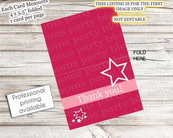 Instant Download - Customizable Printable Birthday Girl Folded Thank You Cards Red Pink Stars Doll Party Coquette 4x5.5 1 per page