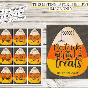 May include: Halloween candy corn gift tags with the text "No tricks just treats" and "Happy Halloween!" Each tag measures 8.89 x 6.35 cm. The image also shows a larger candy corn design with the same text.