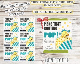 May include: A sheet of printable tags with the text "Make That Routine POP!" and a popcorn graphic. Each tag measures 3.5 x 3.5 inches. The design includes teal and white stripes, yellow popcorn, and a bow.