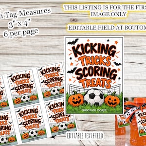 May include: A digital printable sheet featuring six rectangular tags, each measuring 7.62 cm by 10.16 cm. The design displays a football, two jack-o'-lanterns, and bats on grass with the text KICKING TRICKS SCORING TREATS and Good luck today.