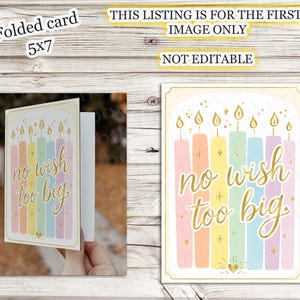 INSTANT DOWNLOAD Afdrukbare 5 x 7 opvouwbare verjaardagskaart No Wish Too Big Verjaardagstaart met kaarsen Gelukkige verjaardag Handgemaakt elke leeftijd DIY