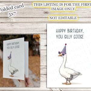 INSTANT DOWNLOAD Afdrukbare 5 x 7 opvouwbare verjaardagskaart Happy Birthday You Silly Goose Funny Punny Handgemaakte grillig elke leeftijd DIY