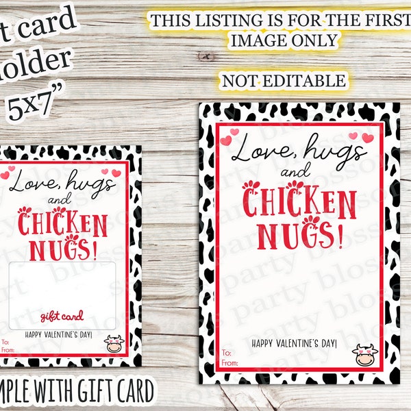 DESCARGA INSTANTE Love Hugs Chicken Nugs Moo-velous Día de San Valentín Titular de la tarjeta de regalo de nugget de pollo Vaca Imprimible Profesor Entrenador Amigo personal