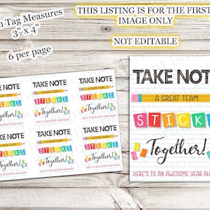 May include: A sheet of printable tags with the text "Take Note" and "Sticks Together!" in a colorful design. Each tag measures 3" x 4". The image also includes a larger version of the design with a pencil graphic and the phrase "Here's to an awesome year ahead!"
