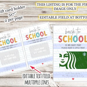 May include: Back to school gift card holders, 5x7 inches, with editable text fields. The design features colorful text and space for a gift card. The listing includes the text "This listing is for the first image only."