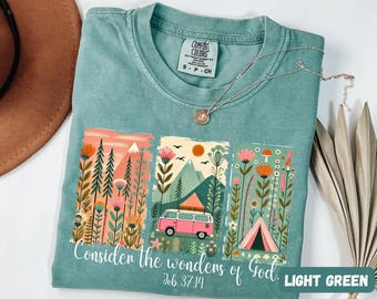 Comfort Colors® Camping T-shirt,Christian Shirt - Bible Verse Job 37:14, Gift for her, Jesus Tee, Camping Lover Gift, Nature Lover Tee.