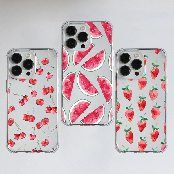 Transparent Red Juicy Watermelon Strawnerry Cherry Print Shockproof Case for iPhone 11 12 13 14 15 Pro Max Mini Plus 6 7 8 XR X Xs Max Plus