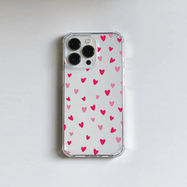 Transparent Pink Hearts Shockproof Case for iPhone 11 12 13 14 15 Pro Max Mini Plus 6 7 8 XR X Xs Max Plus