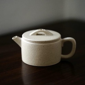 Op de afbeelding: Een witte theepot van keramiek met een getextureerd oppervlak en een deksel met een handvat. De theepot heeft een tuit en een handvat.