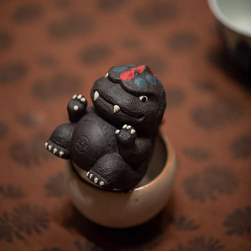 Chinese Yixing Black Clay Tea Pet Zisha Ni Handmade Godzilla Tea