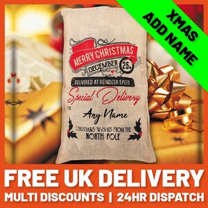 Personalised Christmas Santa Sacks (Add Any Name) Jute Sack Stocking. Made to Order