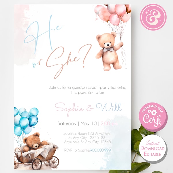 Gender reveal invitation, she or he, template, instant download editable, cute invite, printable template, customizable party DIY