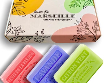 Savon de Marseille French Natural Soap Trio Gift Box - 3 x 60g Organic Vegan Shea Butter - Great Birthday Valentine Mothers Day Present