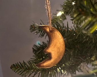 Celestial Christmas Moon Ornament, Handmade Ceramic Yule Decoration