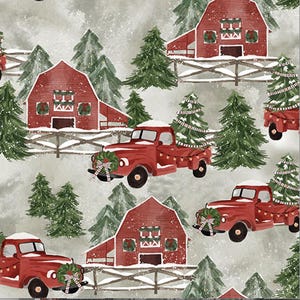 Christmas Barns & Trucks Fabric, Sage Green Country Quilt Fabric