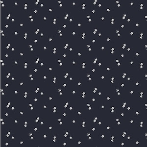 May include: Dark navy blue background with a repeating pattern of small, white, four-petal flowers scattered across the surface. The floral design creates a delicate and airy aesthetic, suitable for various applications.