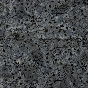 May include: A square fabric with a gray and blue mottled background. Black, swirling, floral vines and leaves create a repeating pattern across the surface. The design is suitable for quilting, apparel, or home decor projects.