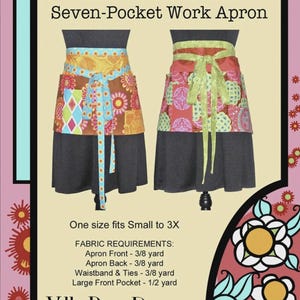 May include: An image of two colorful aprons with the text "Amanda Jane Seven-Pocket Work Apron." The aprons have patterned pockets and ties, with the text "One size fits Small to 3X" and "Villa Rosa Designs."