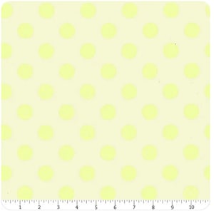 May include: A yellow fabric with a repeating pattern of light yellow polka dots.