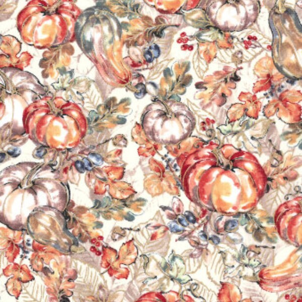 Watercolor Paint Pumpkins Metallic Harvest Print Cotton Fabric fall theme 100% cotton by the half yard